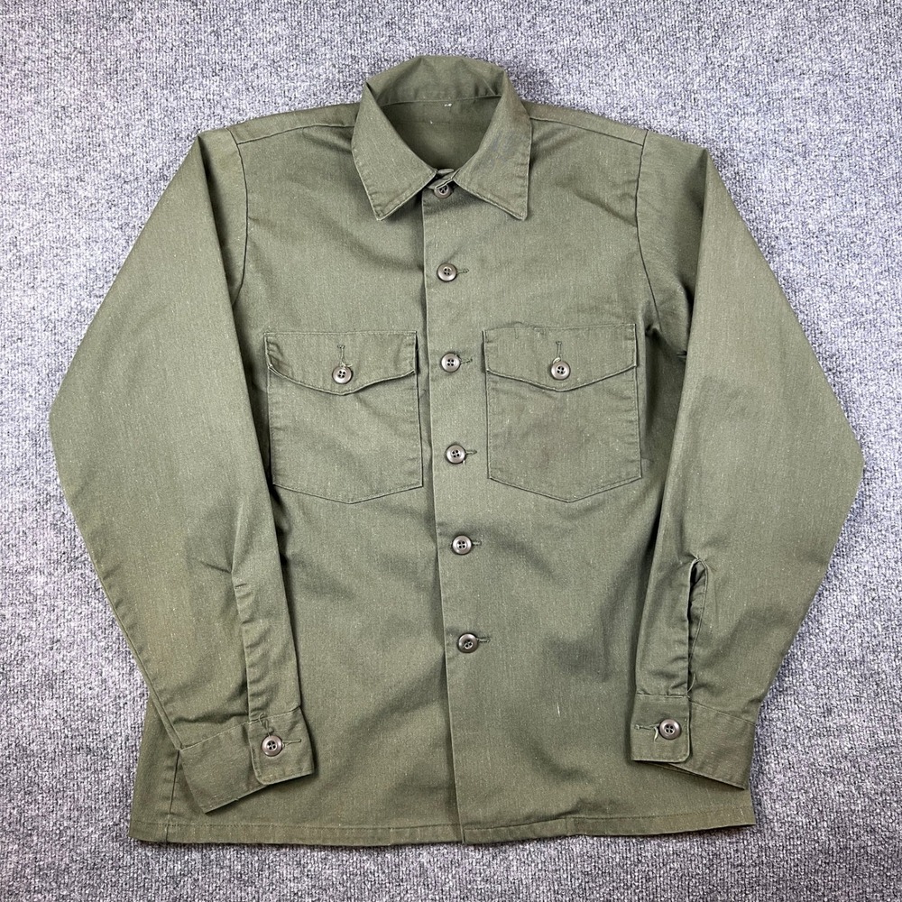 Vintage US Military OG-507 Utility Shirt Mens L Green Fatigue Sateen Army 70s